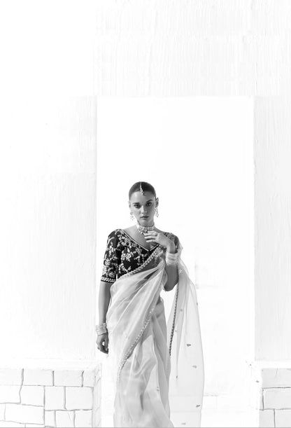 Beige Organza Saree Blouse With Heavy Embroidery work