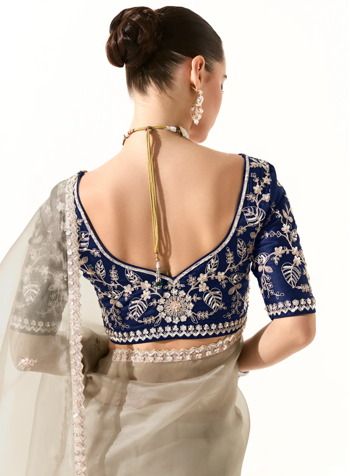 Beige Organza Saree Blouse With Heavy Embroidery work