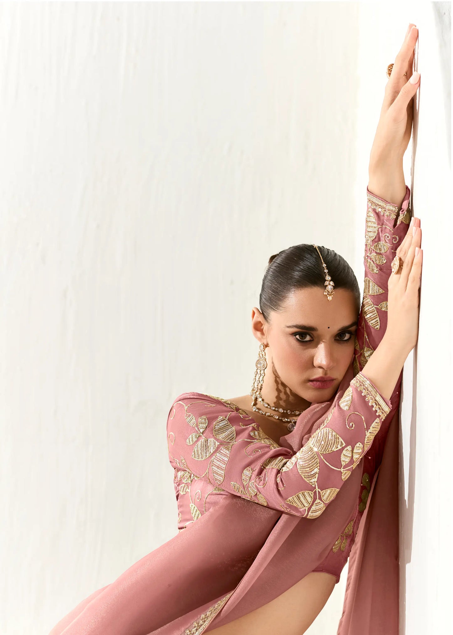 Dusty Pink Organza Saree Blouse With Heavy Embroidery work
