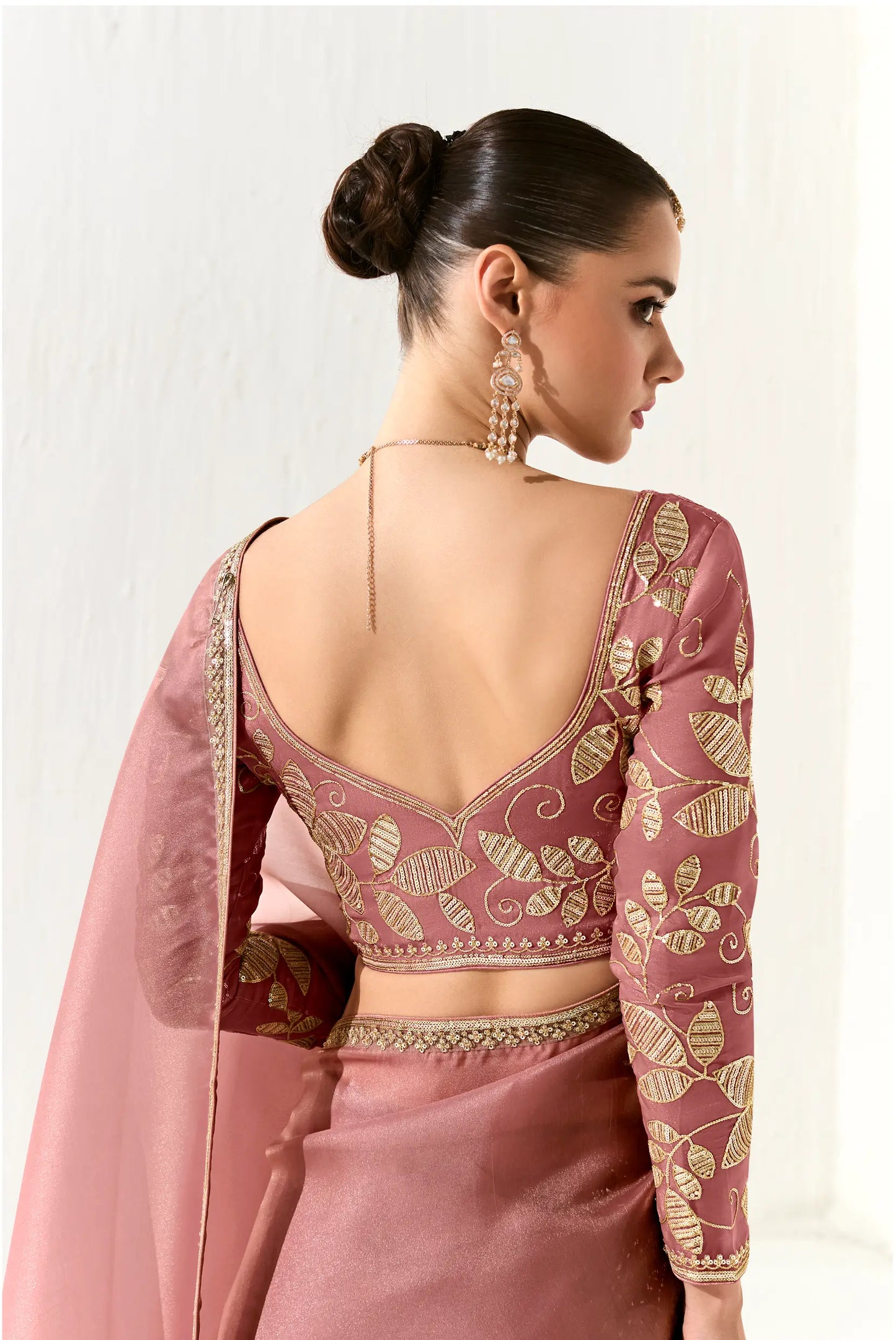 Dusty Pink Organza Saree Blouse With Heavy Embroidery work