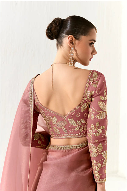 Dusty Pink Organza Saree Blouse With Heavy Embroidery work