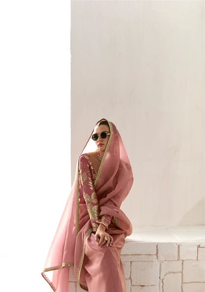 Dusty Pink Organza Saree Blouse With Heavy Embroidery work