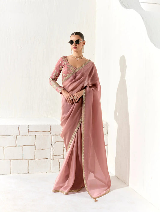 Dusty Pink Organza Saree Blouse With Heavy Embroidery work