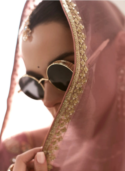 Dusty Pink Organza Saree Blouse With Heavy Embroidery work