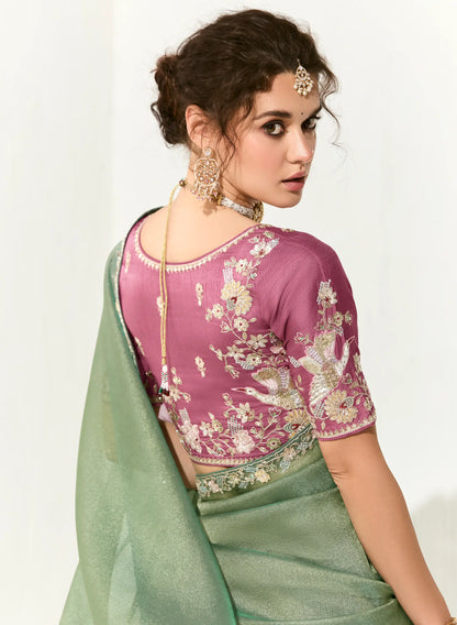 Sage Green Organza Saree Blouse With Heavy Embroidery work