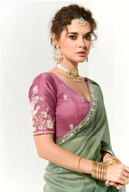 Sage Green Organza Saree Blouse With Heavy Embroidery work