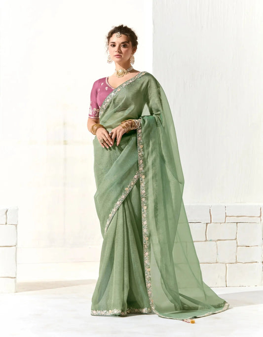 Sage Green Organza Saree Blouse With Heavy Embroidery work