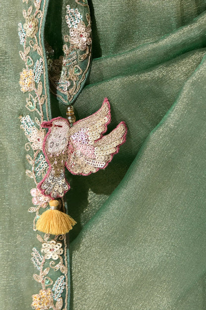 Sage Green Organza Saree Blouse With Heavy Embroidery work