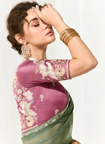 Sage Green Organza Saree Blouse With Heavy Embroidery work