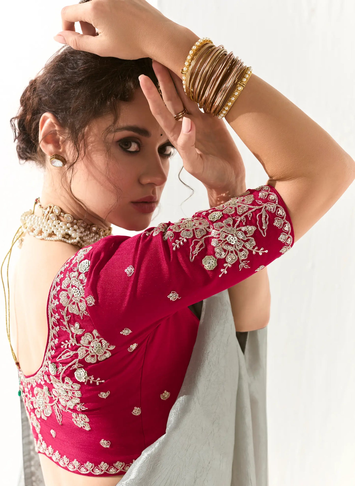 Silver Grey Organza Saree Blouse With Heavy Embroidery work
