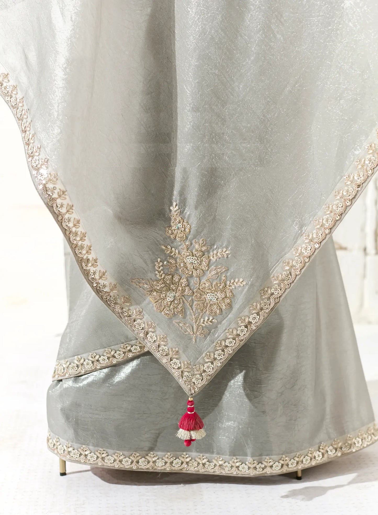Silver Grey Organza Saree Blouse With Heavy Embroidery work