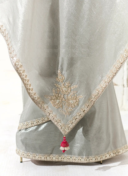 Silver Grey Organza Saree Blouse With Heavy Embroidery work