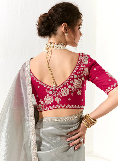 Silver Grey Organza Saree Blouse With Heavy Embroidery work