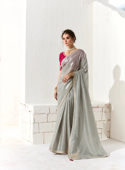 Silver Grey Organza Saree Blouse With Heavy Embroidery work