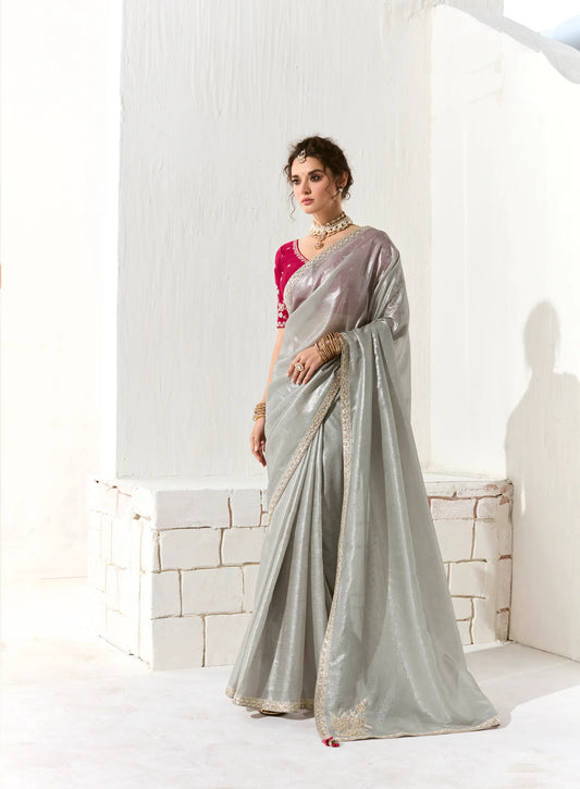 Silver Grey Organza Saree Blouse With Heavy Embroidery work