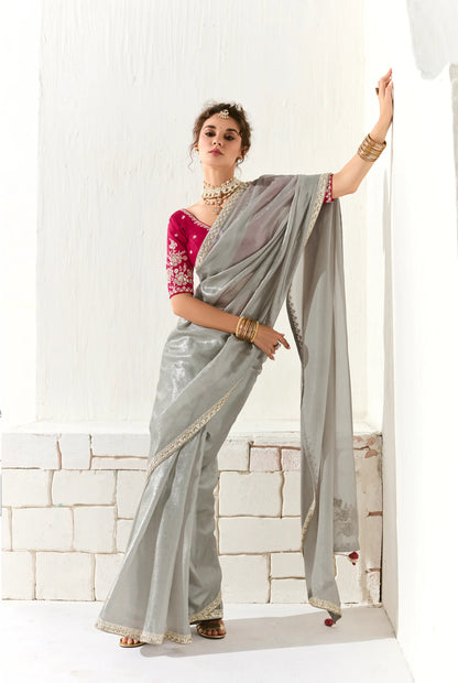 Silver Grey Organza Saree Blouse With Heavy Embroidery work