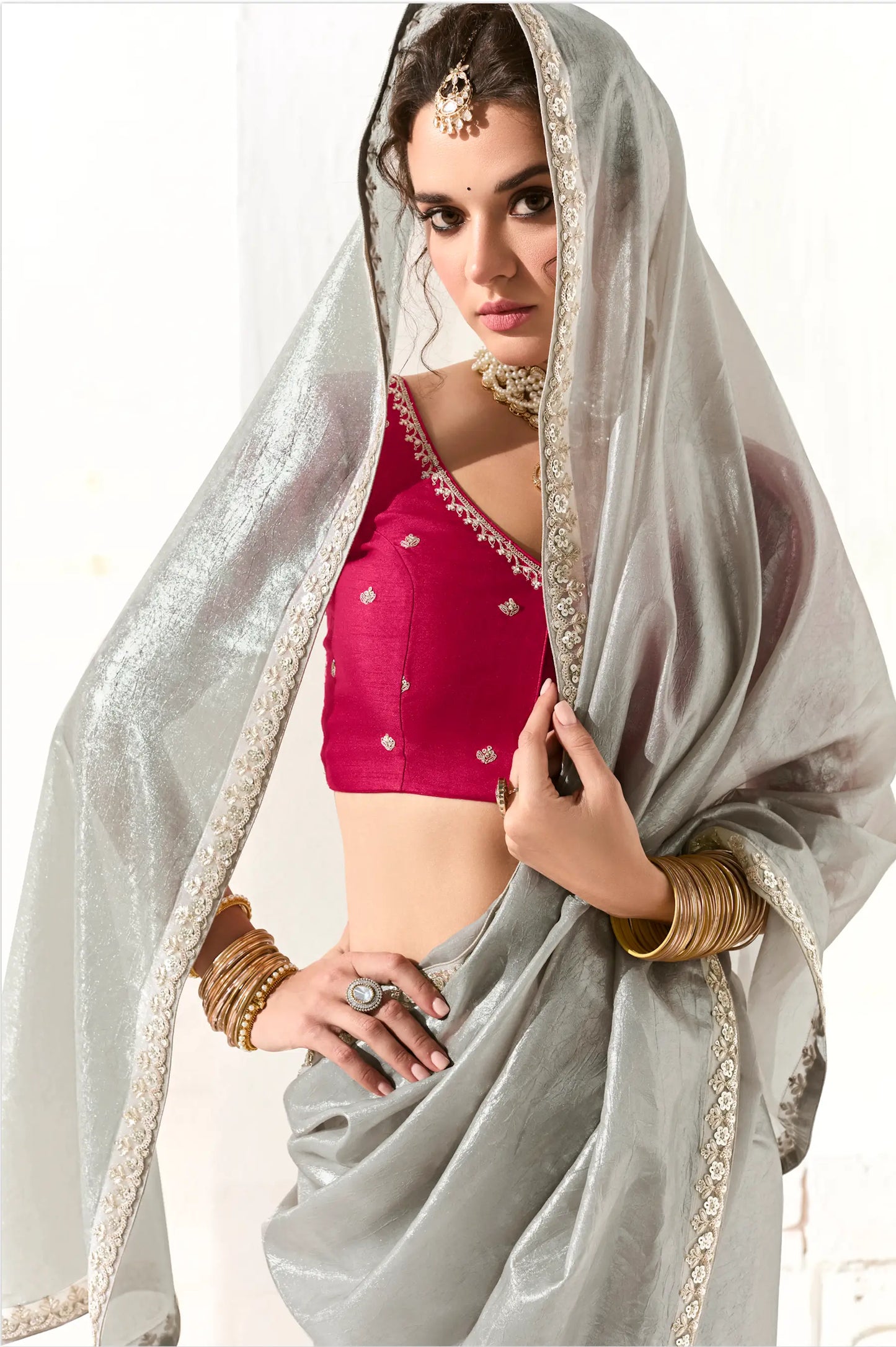 Silver Grey Organza Saree Blouse With Heavy Embroidery work