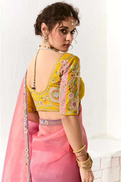 Peach-Lavender Shaded Organza Saree Blouse With Heavy Embroidery work