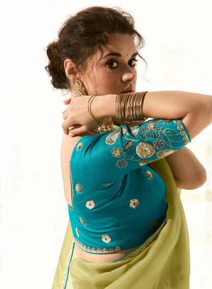 Lime Green Organza Saree Blouse With Heavy Embroidery work