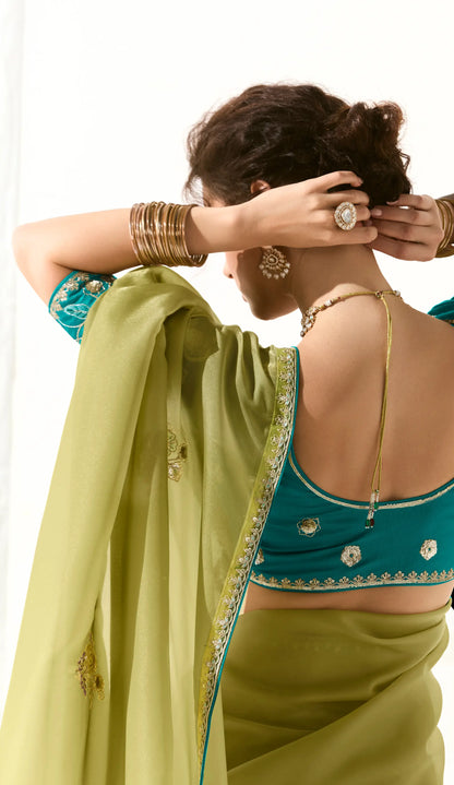 Lime Green Organza Saree Blouse With Heavy Embroidery work
