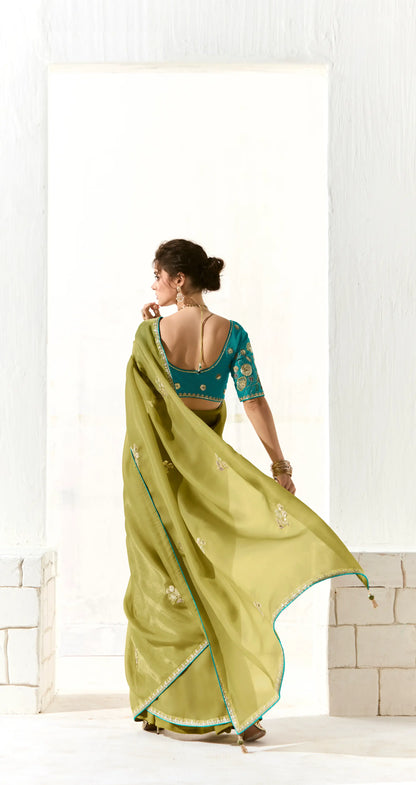 Lime Green Organza Saree Blouse With Heavy Embroidery work