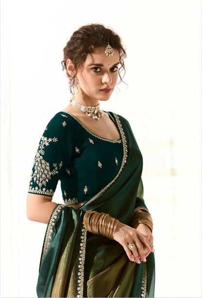 Green Shaded Organza Saree Blouse With Heavy Embroidery work