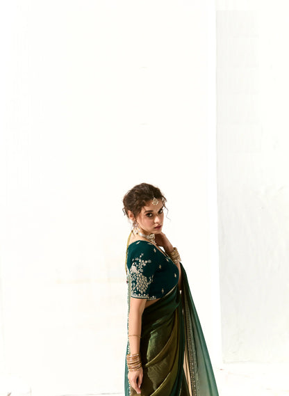 Green Shaded Organza Saree Blouse With Heavy Embroidery work