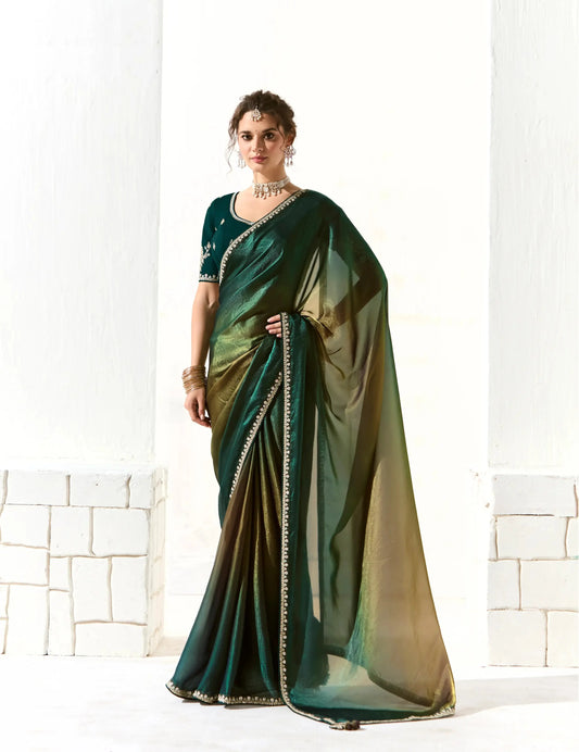 Green Shaded Organza Saree Blouse With Heavy Embroidery work