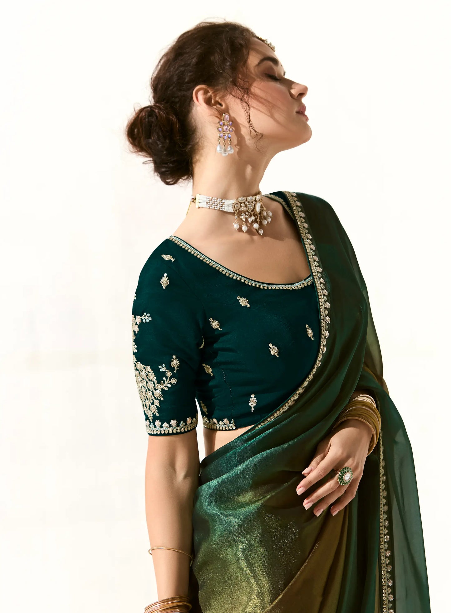 Green Shaded Organza Saree Blouse With Heavy Embroidery work