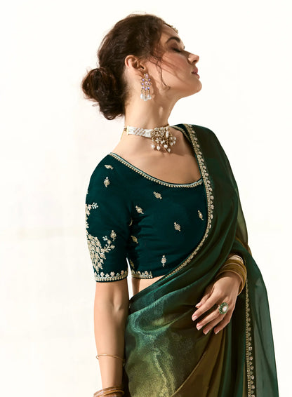 Green Shaded Organza Saree Blouse With Heavy Embroidery work