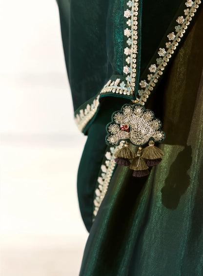Green Shaded Organza Saree Blouse With Heavy Embroidery work