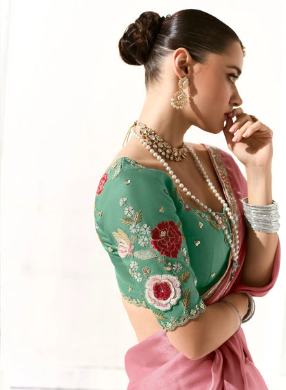 Light Pink Organza Saree Blouse With Heavy Embroidery work