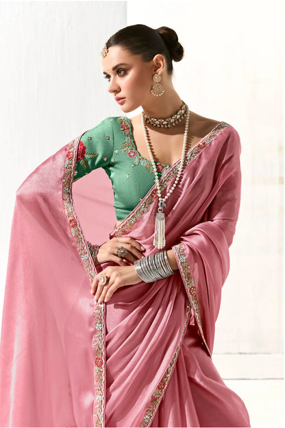 Light Pink Organza Saree Blouse With Heavy Embroidery work