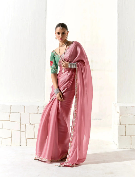 Light Pink Organza Saree Blouse With Heavy Embroidery work