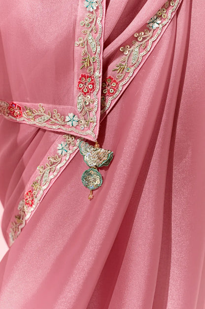 Light Pink Organza Saree Blouse With Heavy Embroidery work