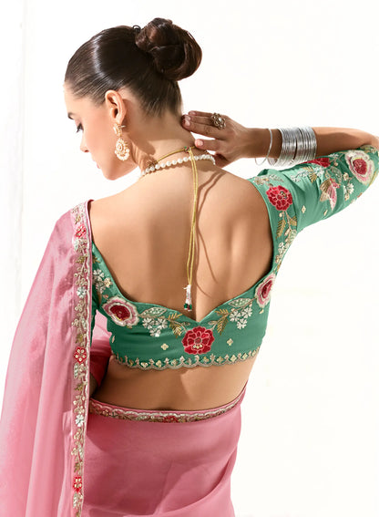 Light Pink Organza Saree Blouse With Heavy Embroidery work