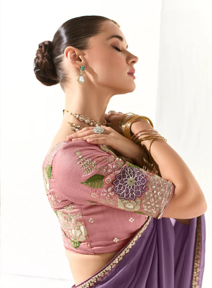 Lavender Organza Saree Blouse With Heavy Embroidery work
