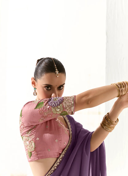 Lavender Organza Saree Blouse With Heavy Embroidery work