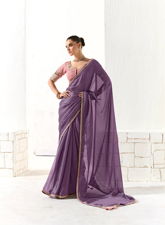 Lavender Organza Saree Blouse With Heavy Embroidery work