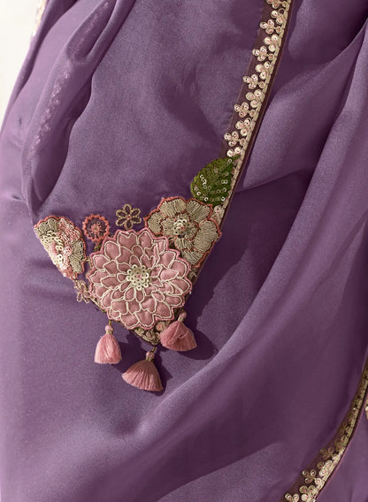 Lavender Organza Saree Blouse With Heavy Embroidery work