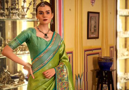 Green Soft  Tissue Silk Saree  With Weaving Work