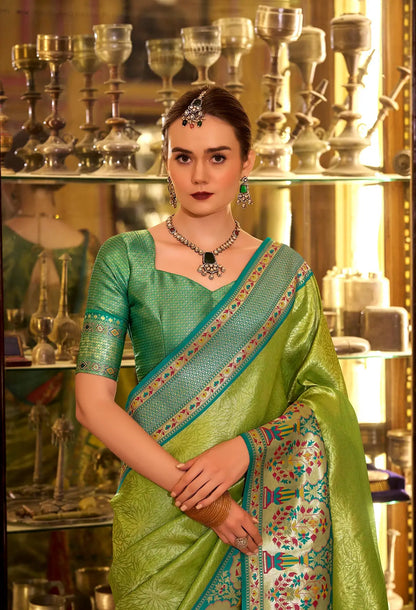 Green Soft  Tissue Silk Saree  With Weaving Work