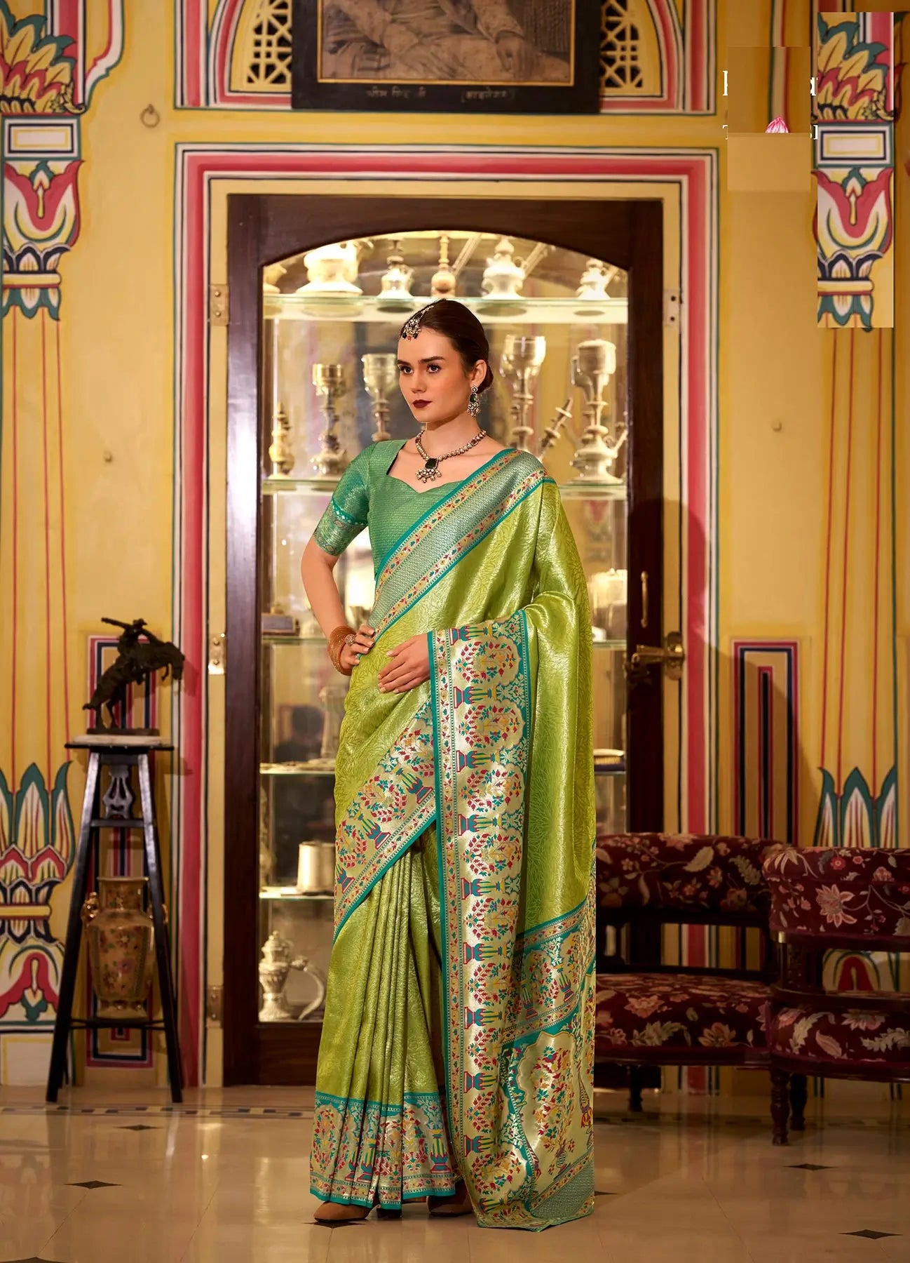 Green Soft  Tissue Silk Saree  With Weaving Work