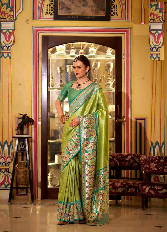 Green Soft  Tissue Silk Saree  With Weaving Work