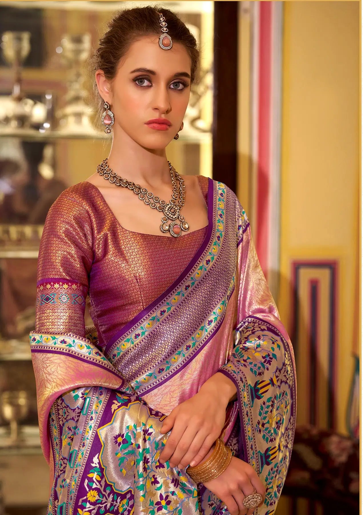 Dusty Pink Soft  Tissue Silk Saree  With Weaving Work
