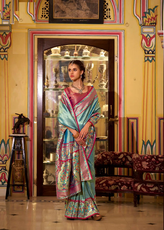 Aqua Blue Soft  Tissue Silk Saree  With Weaving Work