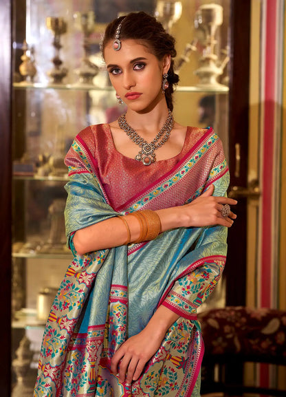 Aqua Blue Soft  Tissue Silk Saree  With Weaving Work