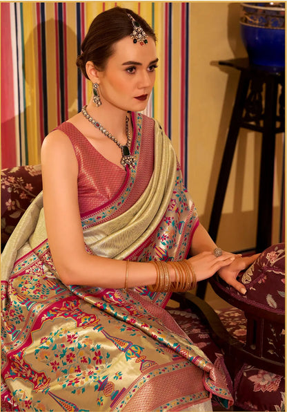 Beige  Soft  Tissue Silk Saree  With Weaving Work