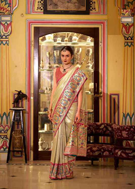 Beige  Soft  Tissue Silk Saree  With Weaving Work