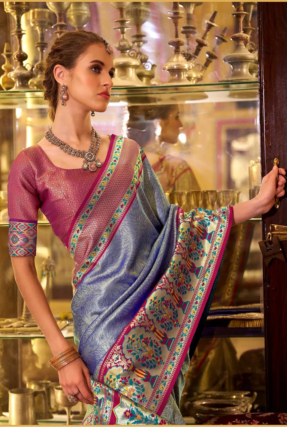 Dusty Blue  Soft Tissue Silk Saree  With Weaving Work
